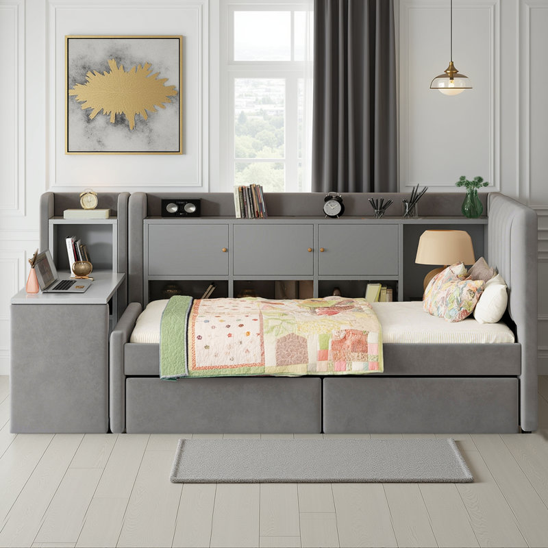 Twin Size Velvet Upholstered Daybed with Storage Drawers, Shelves, Flip Cabinets & Side Table, Gray