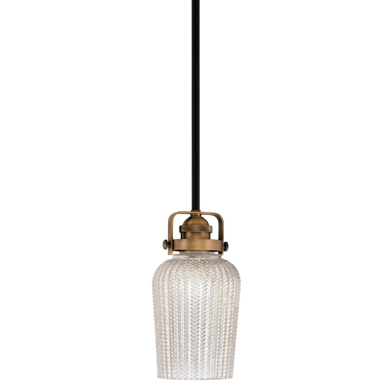 Easton Stem Hung Mini Pendant With 5", Matte Black/Brushed Nickel, Silver Textured Glass