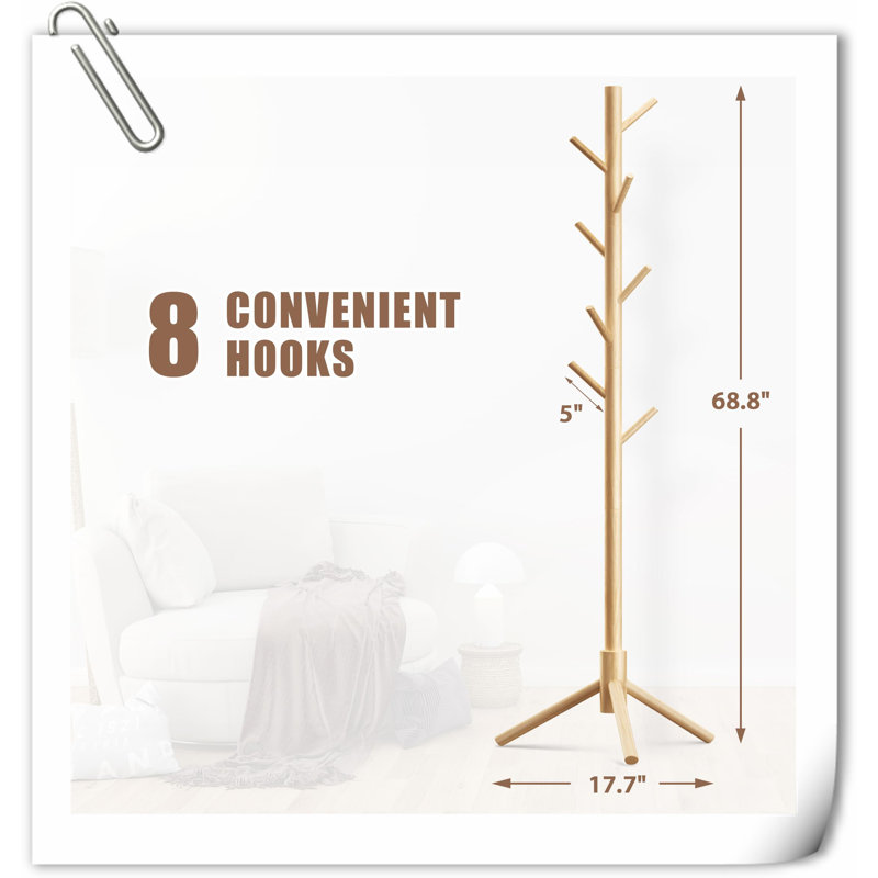 Lashonne Solid Wood Freestanding 8 - Hook Coat Rack, Beige