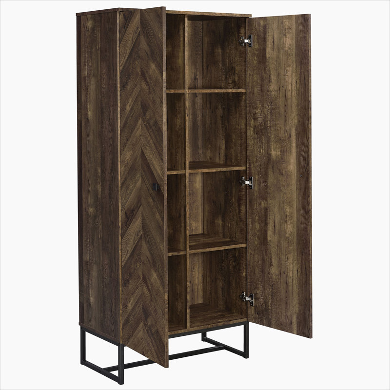 Rustic Oak and Gunmetal 8-Shelf Accent Cabinet, 70.75" H x  31.5" W x 15.75" D