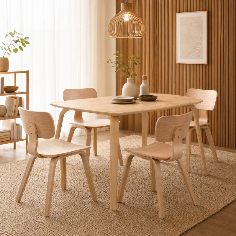 Nova Wood Dining Room Set For 4 — Modern Scandinavian Design With Ergonomic Curved Chairs, Tan , 4