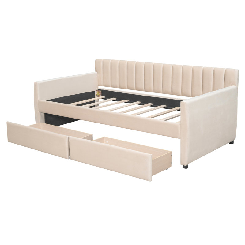 Lit de jour simple tapissier avec tiroirs, support en lattes de bois, beige, Beige