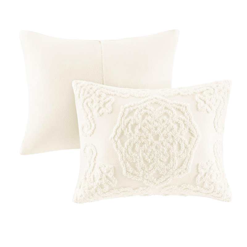 3 édredon avec médaillon en chenille de coton po, Off White, King Comforter + 2 King Shams