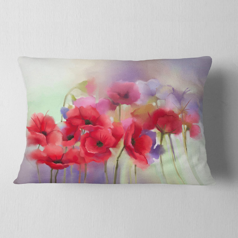 Coussin Watercolor Red Poppy - imprimé floral, Rectangle, 12 po x 20 po