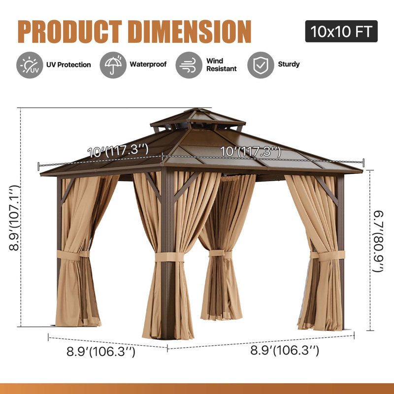 10 pi. L 10 pi. D Pavillon de jardin en métal avec double toit en polyéthylène, 10 pi. L 10 pi. D, Brun