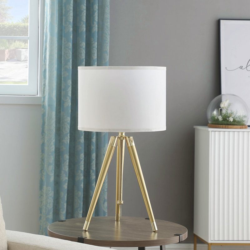 Lampe de table à trépied moderne réglable en laiton / or brillant de 35,5 po à 25,75 po de hauteur pour salon, table de chevet, lampe de chevet pour chambre à coucher, lampe à DEL
