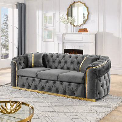 Canapé capitonné 90,6 po en velours capitonné avec 2 coussins, ensemble de canapé Chesterfield de luxe à 3 places avec accents en acier inoxydable doré pour le salon