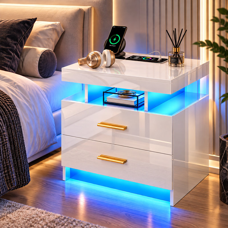 Table de chevet lustrée de 50 cm (19,6 po) de large avec éclairage RVB à capteur et chargeur sans fil, Blanc