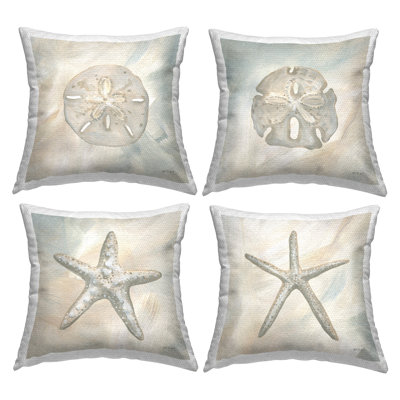 Neutral Starfish & Sand Dollars Printed Outdoor Throw Pillow Design by Yvette St. Amant (Set of 4)