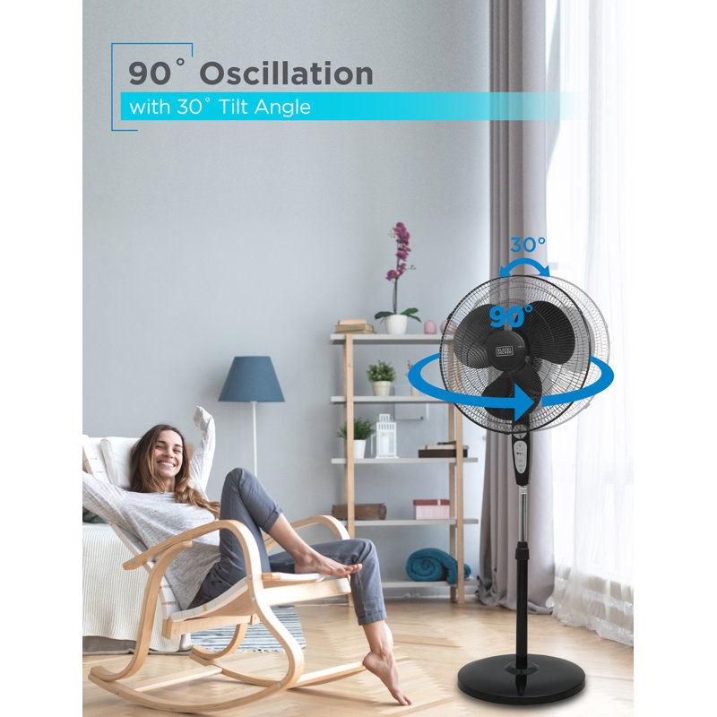 Ventilateur sur pied oscillant debout de 18 po avec télécommande, oscillation de 90 degrés, 3 réglages de vitesse, hauteur réglable, minuterie, inclinaison de 30 degrés, noir + noir