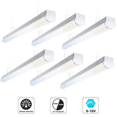 Luminaire linéaire à bande 120-277vac 4ft, raccordable, gradateur 0-10v, 60W / 35W / 30W / 25W / 20W réglable et CCT 6500K / 5700K / 5000K / 4000K / 3500K, paquet de 9