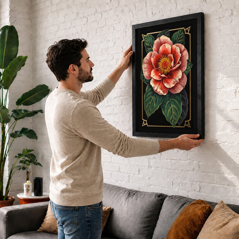Golden Peony Botanical - Framed Print, Unframed, A2 - 59.4 x 42.0 cm