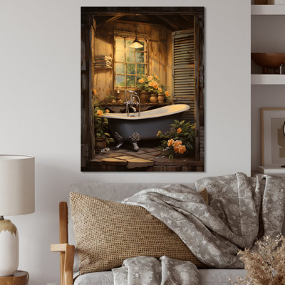 «Brown Rustic Bathroom Retrait» - Art mural en métal pour salle de bain