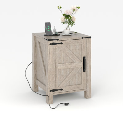 Farmhouse Nightstand with USB Charging Station, Rustic Bedside Table with Sliding Barn Door & Adjustable Shelf, 18 Inch Two-Tier End Table for Bedroom Living Room