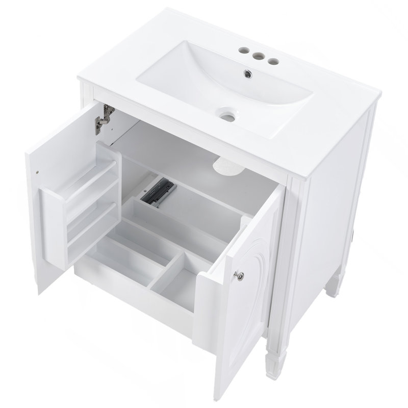 Meuble-lavabo blanc de 30 po sans assemblage requis avec lavabo en céramique, deux portes à fermeture en douceur et tablette réglable, style campagne moderne