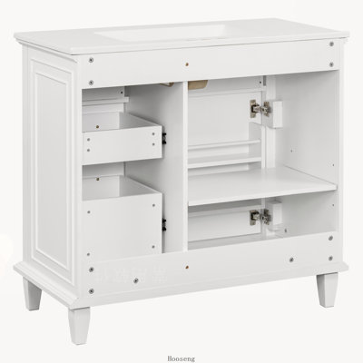 Meuble-lavabo autoportant de 36 po avec comptoir en céramique, structure en bois massif, armoire en bois aggloméré et peuplier avec tiroirs rabattables et tablette réglable, poignées en alliage de zinc, robinet non inclus