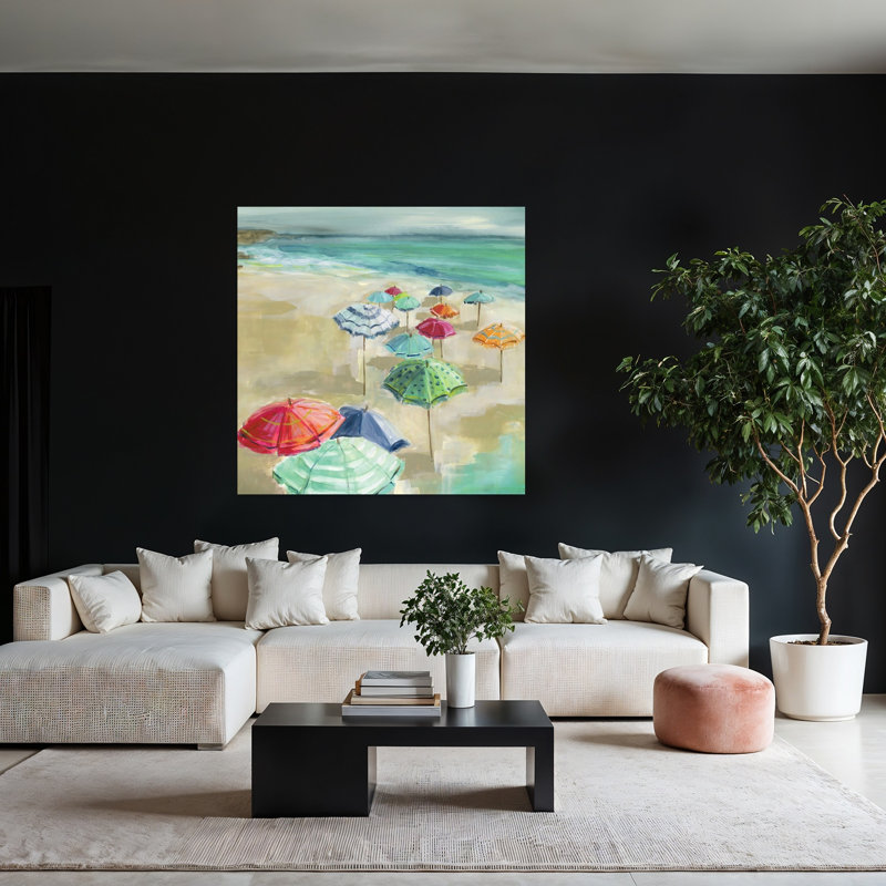 «Umbrella Beach I», art mural côtier serein contemporain coloré, H 48 po x l 48 po