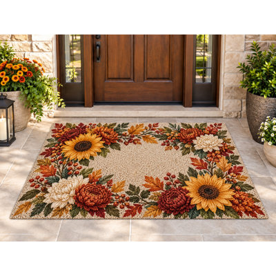5' x 7' Outdoor Area Rug Fall Sunflower Chrysanthemum Floral Leaves Heavyweight Waterproof PVC Coil Loop Carpet, Heavy Duty Patio Rug, Quick Dry Indoor Outdoor Mat for Large Doormat Porch Entryway
