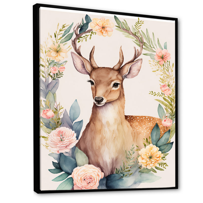 Mignon petit cerf avec fleurs roses - reproduction sur toile, L 12 po x H 20 po, Cadre flottant noir