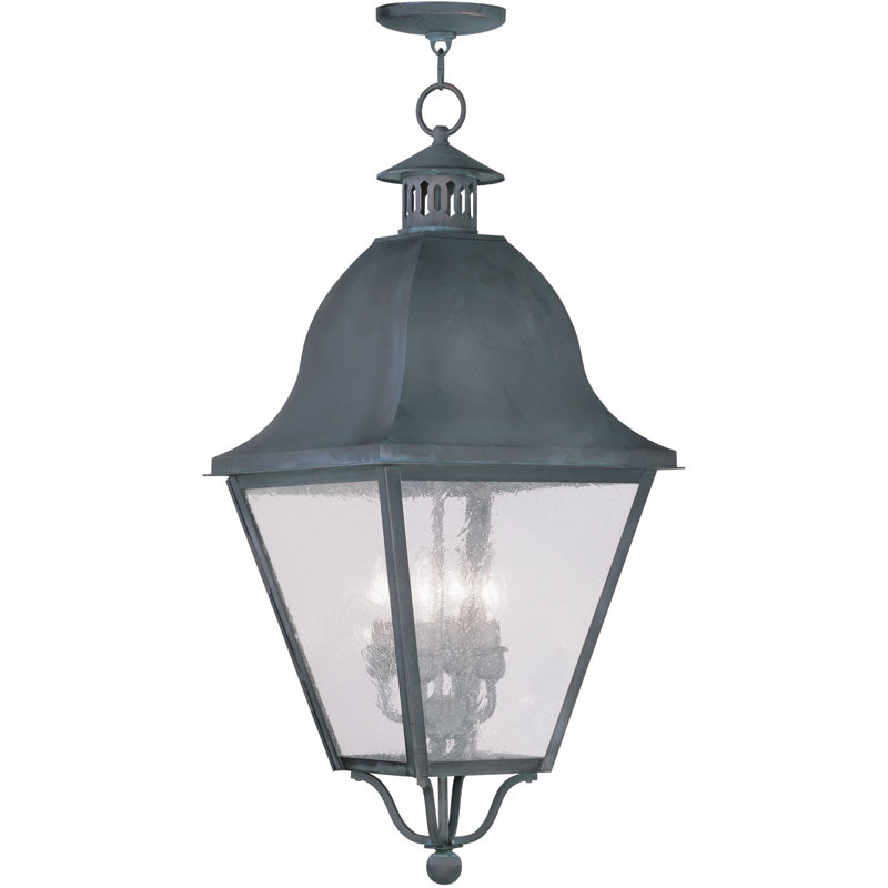 13.5in 4 Light Outdoor Chain Lantern Pendant Fixture with Seeded Glass Shade, Charcoal