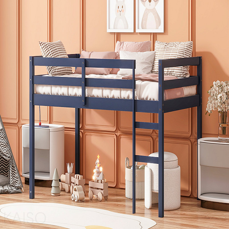 Lit simple, bois massif, mezzanine en bois d'hévéa avec échelle, plateforme de lattes renforcées, Bleu