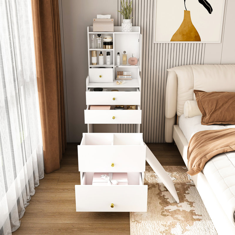 31 coiffeuses avec miroir à DEL, tabouret de rangement rembourré et 4 compartiments - bois blanc pour la chambre à coucher et le maquillage 3 températures de couleur personnalisables