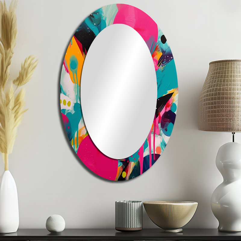 Pink And Turquoise Abstract Enigma I - Pink Modern Oval Wall Mirror, 36" x 24"