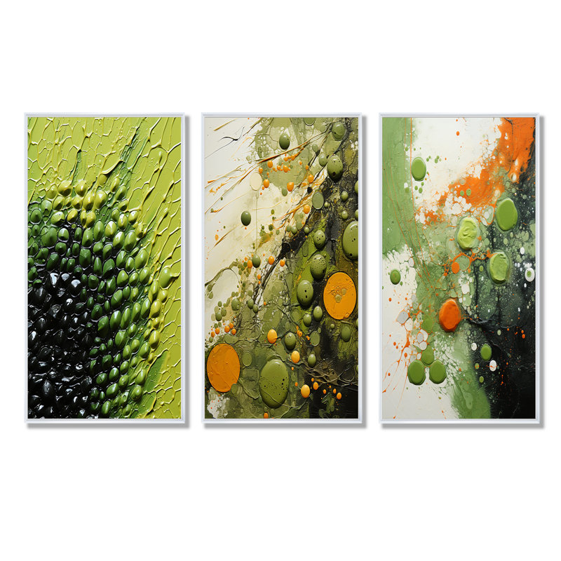 Ensemble de 3 reproductions d'art sur toile vert et jaune, Cadre flottant blanc, H 28 po x l 36 po