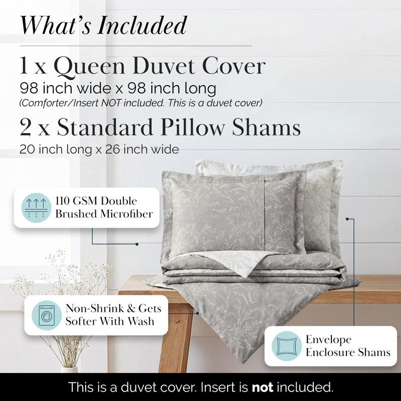 Winter Brush Microfiber Reversible Traditional Duvet Cover Set, Full/Queen Duvet Cover + 2 Shams, Steel Gray