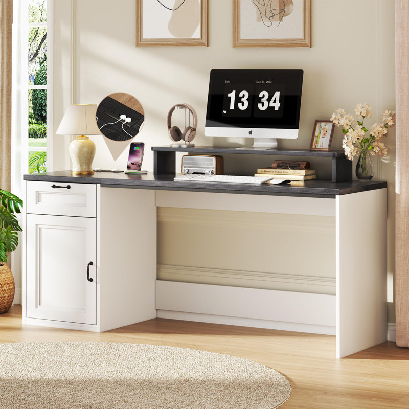 63" Office Computer Desk With Monitor Stand Executive Desk With Storage, Power Outlets