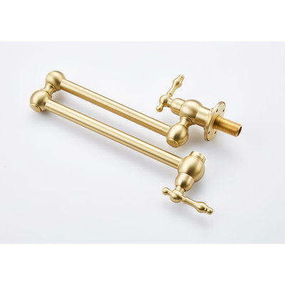 Wall Mount Pot Filler Faucet Brushed Gold - Foldable Arm, 360 Rotation, Brass Build, Double Handles For Precise Water Flow Regulation, Corrosion Finish In Foldable, Swivel, Brass, Easy Control With