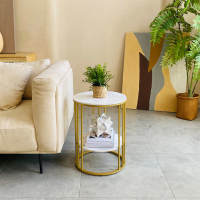 White Stone Side End Table 2-Tier Round Bedside Table With Storage Shelf