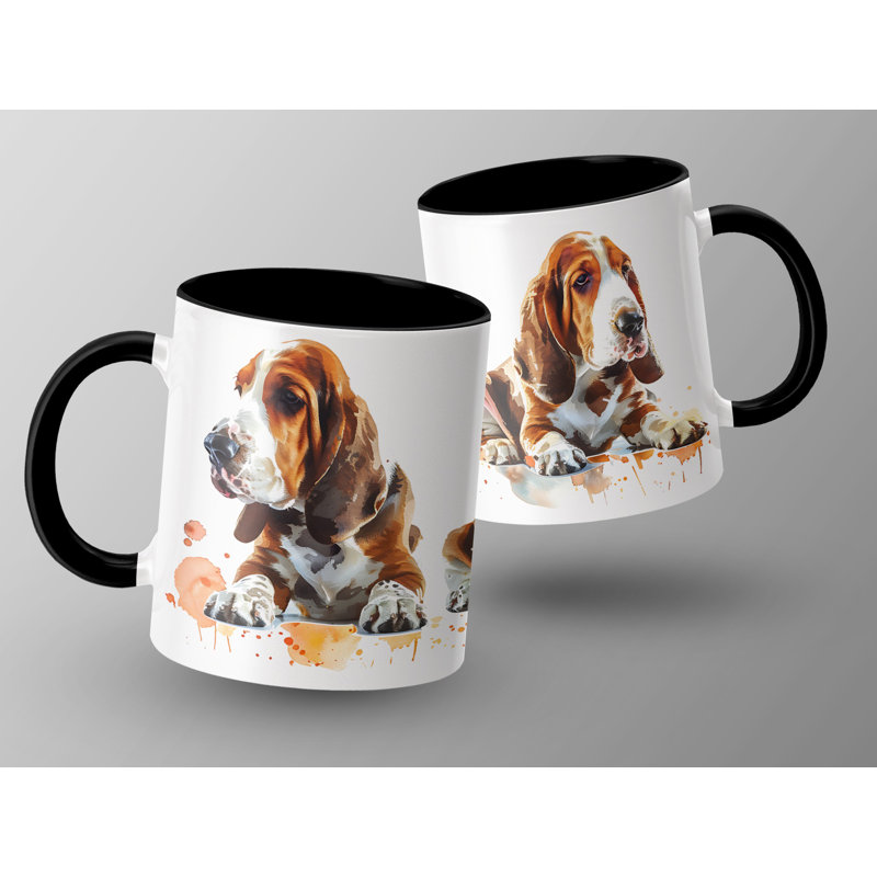 11oz Watercolour Basset Hound Design Coffee Mug, 2, Black