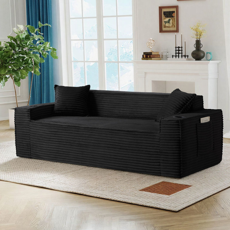 61'' W Boneless Bean Bag Sofa Loveseat Faux Fur Upholstered Floor Sofa With Pillows&Cup Holders&Side Pocket, Black