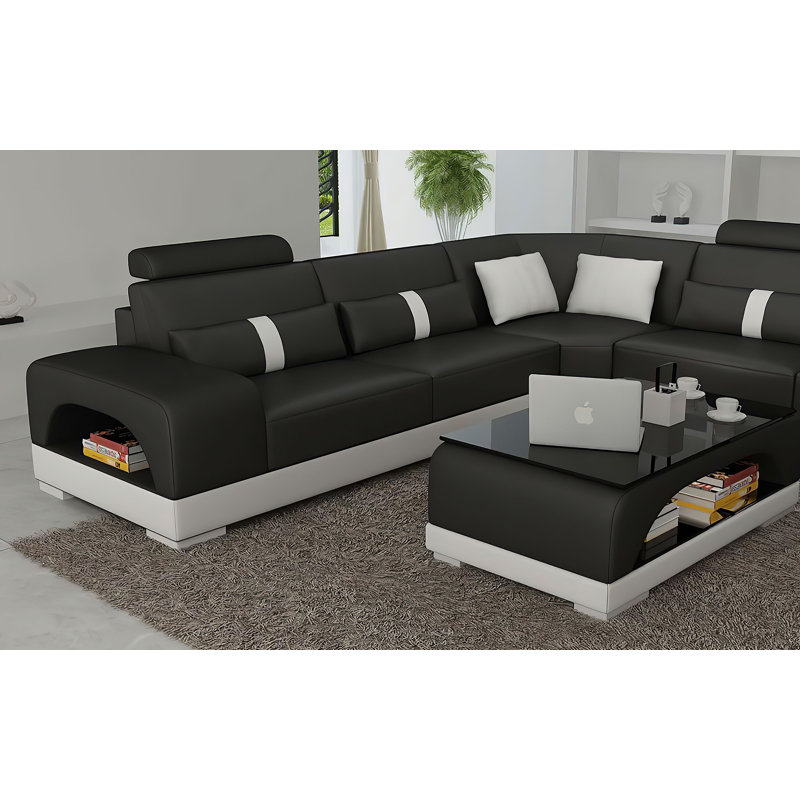 Arieta Upholstered U-Shaped Sectional, Black Genuine Leather, Right Hand Facing