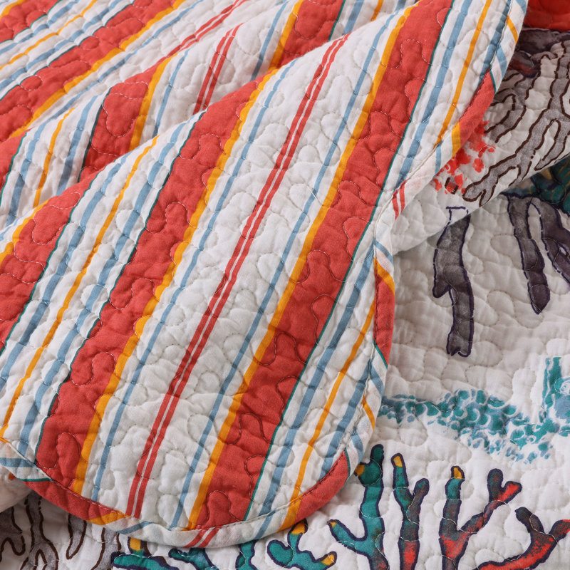 Atlantis Coral and Stripe Reversible Quilted Throw