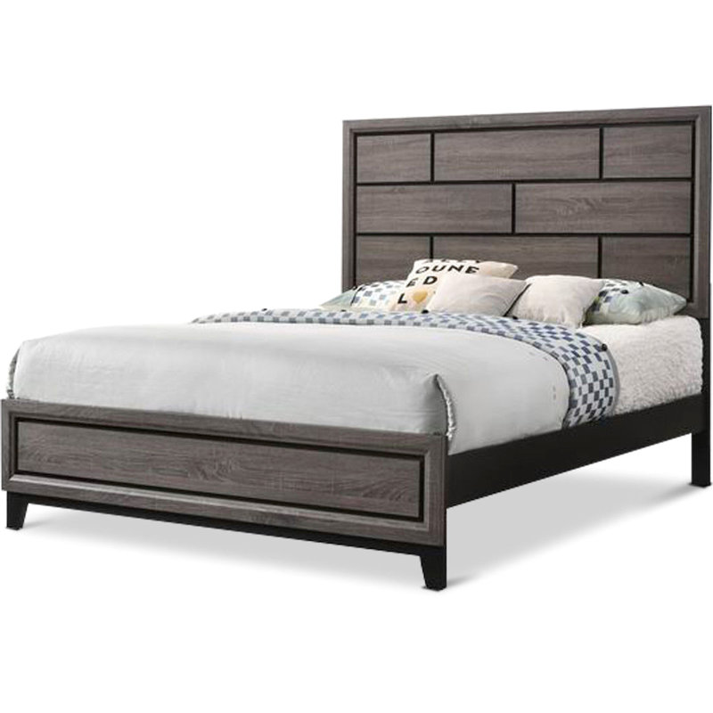Lit moderne grand, couleur gris rustique, tête de lit transitionnelle, lit en contreplaqué et en bois avec finition et structure en bois d'hévéa