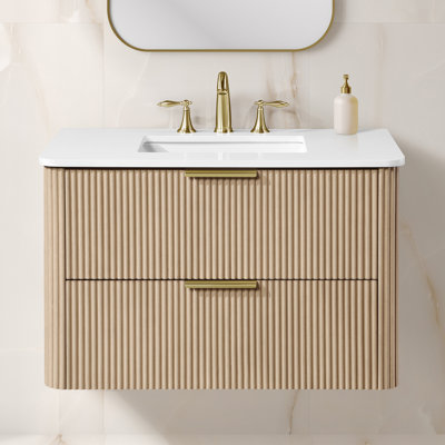 OVE Decors Amara 36 In. Single Sink Floating Sahara Birch Bathroom Vanity With White Engineered Stone Top