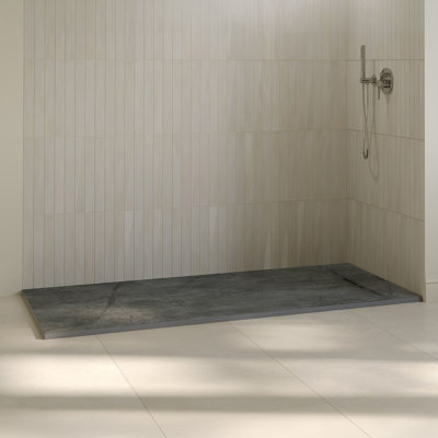 Receveur de douche rectangulaire extra-plat OVE Lenora 183 cm x 91 cm avec bonde latérale dissimulée en calcaire cimenté