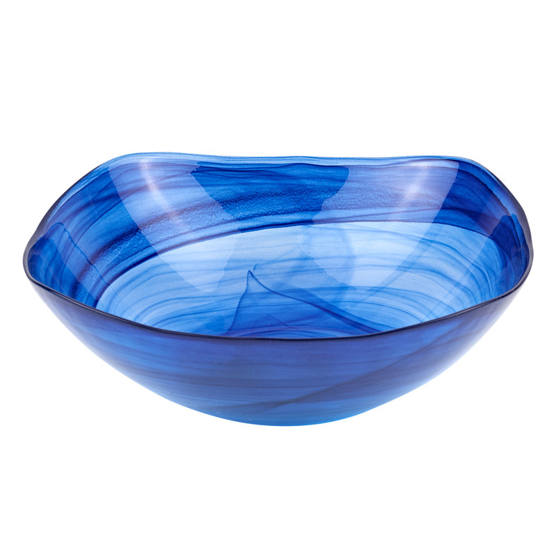Cobalt Blue Alabaster Glass 10" Squarish Salad Or Serving Bowl, 4" H x 10" W x 10" D