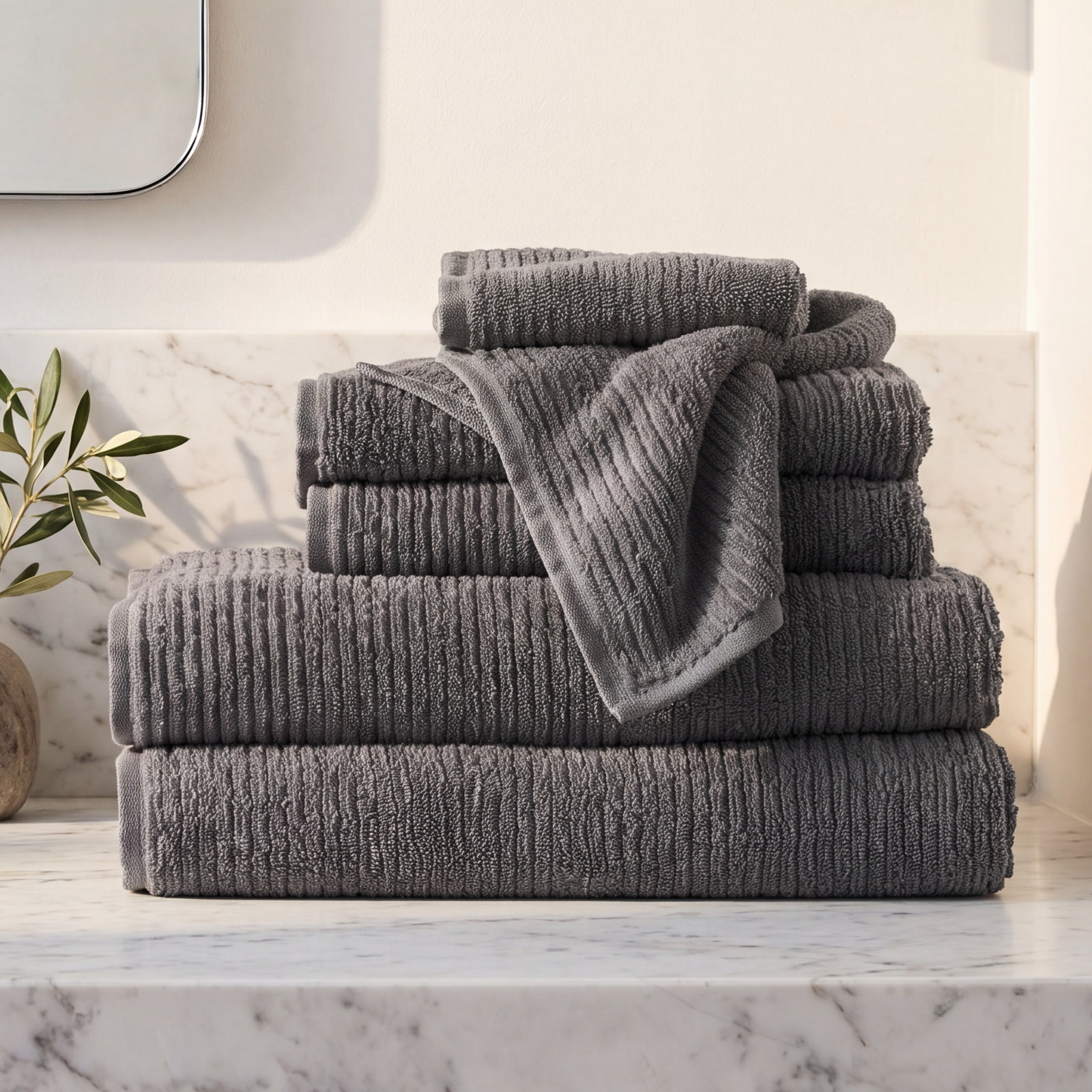Temescal Organic 100% Cotton Plush Ribbed Mulit-Size Set, Shadow,  Towel Set
