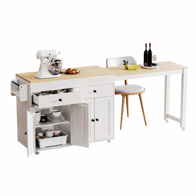 Îlot de cuisine avec table de salle à manger extensible, îlot de cuisine roulant avec support à épices et 2 tiroirs, chariot de rangement pour la cuisine, salle à manger
