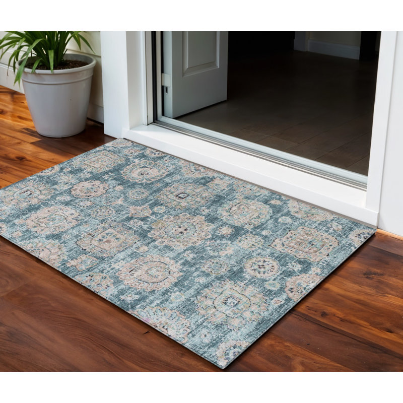 HomeRoots 3' X 5' Teal Blue And Sky Blue Floral Washable Indoor Outdoor Area Rug