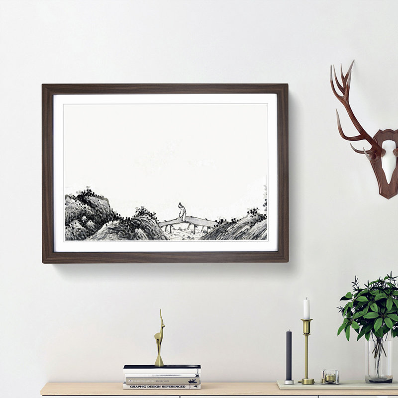 Landscape Vol.11 by Shen Zhou - Picture Frame Drawing Print, 48cm H x 65cm W x 2cm D, Walnut Framed