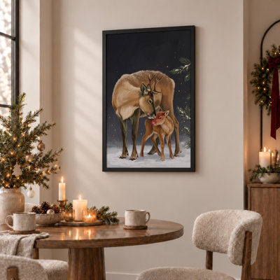 " Reindeer And Fawn With Glowing Red Nose In Snow Christmas " Painting