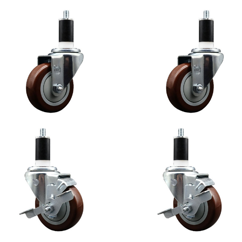 Ensemble de roulettes extensibles pivotantes en poly sur roulettes 2 freins SCC TLB 3,5 po x 1-3 / 8 po, Marron