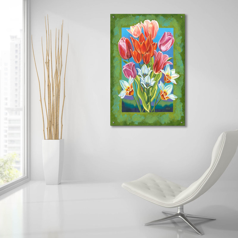«Bouquet In Border 3» par Carolee Vitaletti, art mural en verre acrylique, H 36 po x l 24 po x P 0,2 po