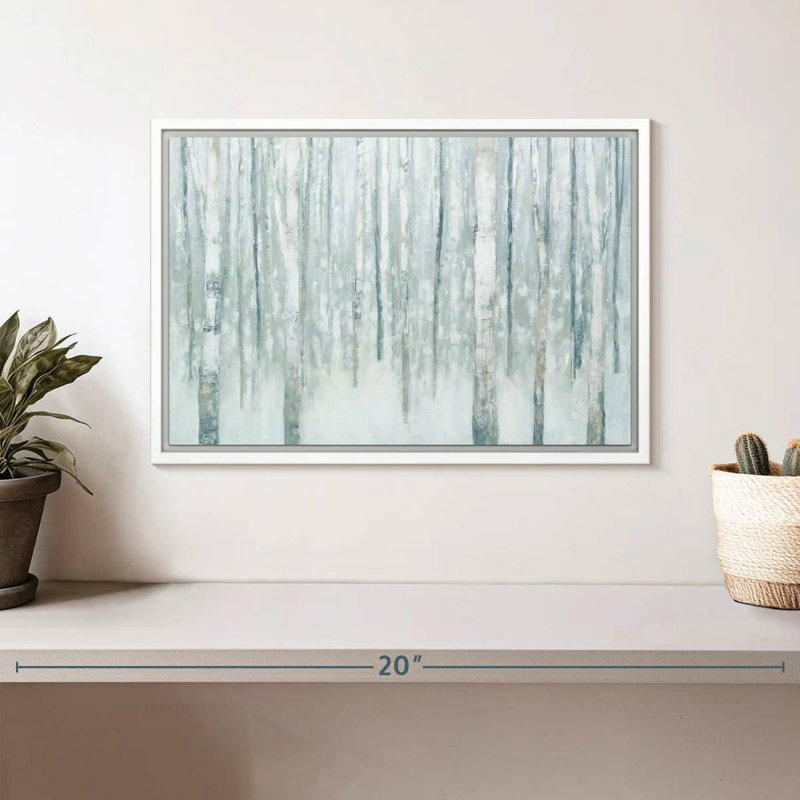 Bouleaux en bleu-gris d'hiver, Cadre flottant blanc, 13 po x 9 po
