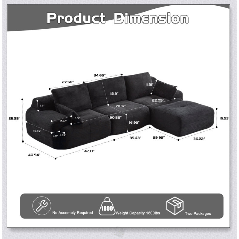 Canapé moderne en mousse à mémoire de forme compressée, grands canapés modulaires pour le salon, canapé modulaire Cloud pour animaux de compagnie, tissu en velours côtelé, causeuse très profonde, aucun assemblage requis