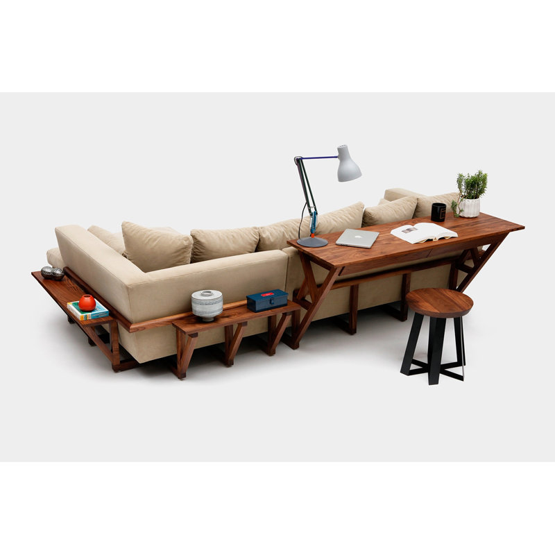 LRG Upholstered L-Shaped Sectional Left Hand Facing, Taupe, Right and Back Side Trays, Solid Walnut